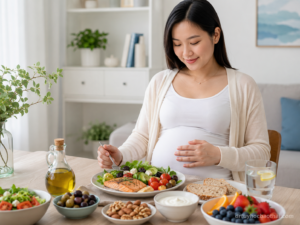 Mẹ bầu ăn bữa ăn lành mạnh theo Chế độ ăn Địa Trung Hải cho mẹ bầu với cá hồi, rau xanh, hạt, trái cây và dầu ô liu