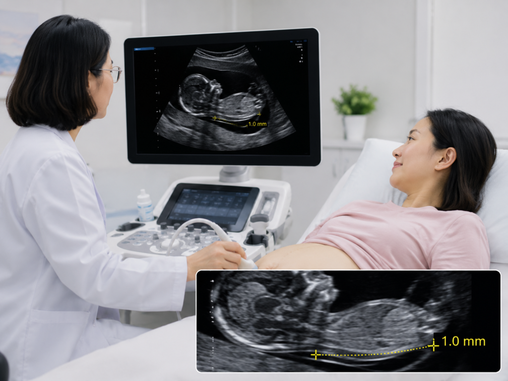 Bác sĩ siêu âm thai và tư vấn cho thai phụ về Độ mờ da gáy 1.0 mm trên hình ảnh siêu âm quý 1