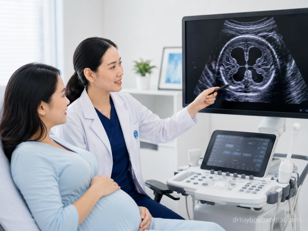 Bác sĩ tư vấn cho thai phụ về hình ảnh siêu âm giãn não thất thai nhi trong phòng khám sản khoa