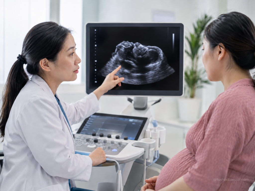 Bác sĩ tư vấn cho thai phụ về Thai vô sọ trên hình ảnh siêu âm trong phòng khám y học bào thai
