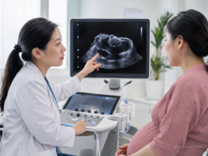 Bác sĩ tư vấn cho thai phụ về Thai vô sọ trên hình ảnh siêu âm trong phòng khám y học bào thai