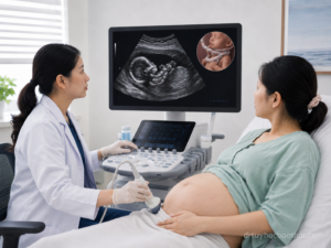 Bác sĩ siêu âm thai và tư vấn cho mẹ bầu về dây rốn quấn cổ 2 vòng trên màn hình siêu âm