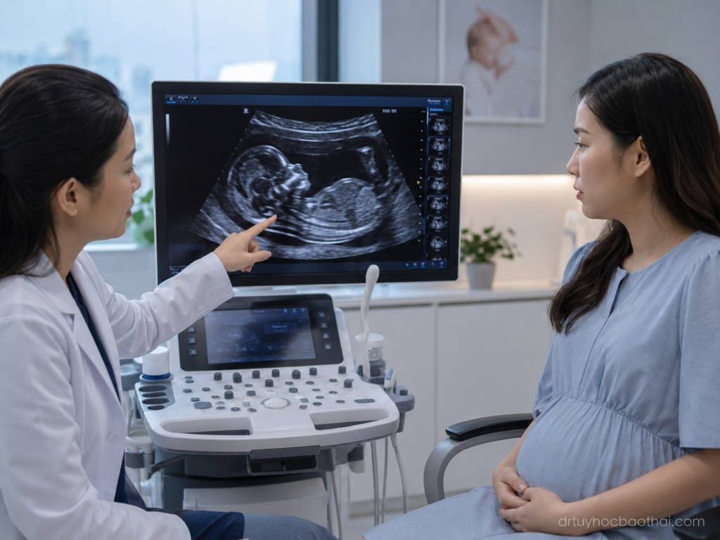 Bác sĩ tư vấn cho mẹ bầu về độ mờ da gáy cao qua hình ảnh siêu âm thai quý 1