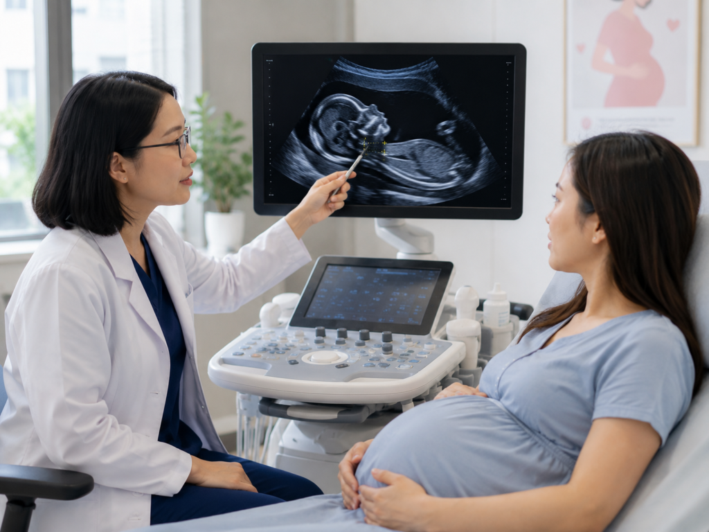 Bác sĩ tư vấn cho mẹ bầu về độ mờ da gáy tăng qua hình ảnh siêu âm thai trong phòng khám sản khoa