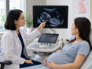 Bác sĩ tư vấn cho mẹ bầu về độ mờ da gáy tăng qua hình ảnh siêu âm thai trong phòng khám sản khoa