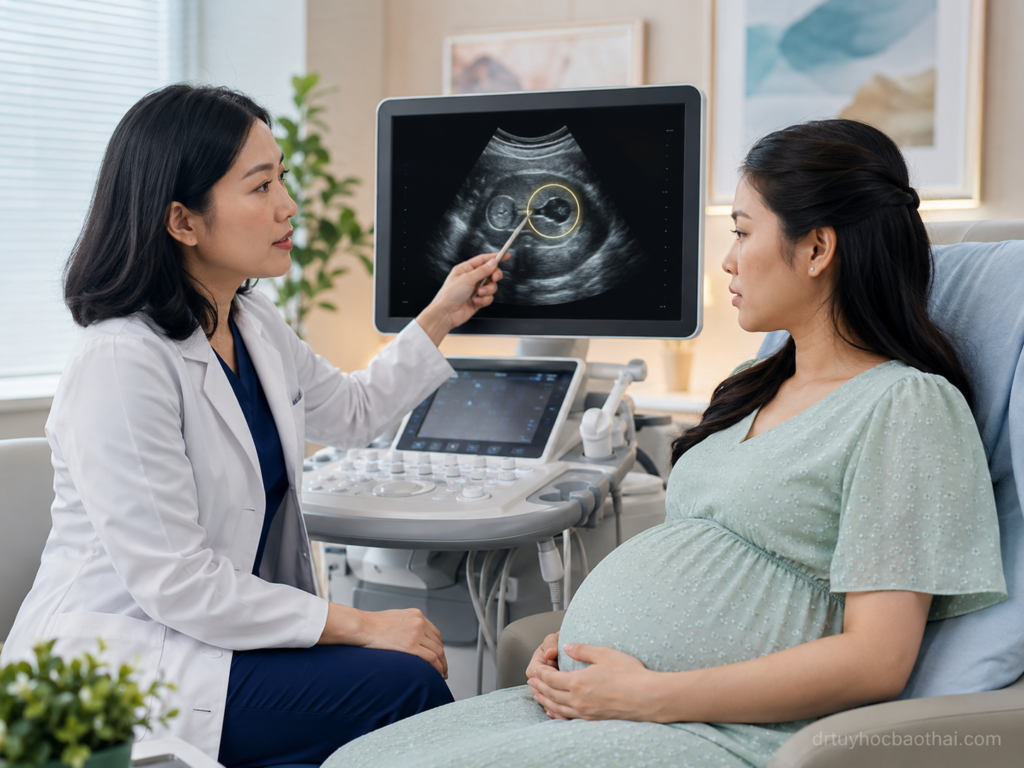 Bác sĩ tư vấn cho mẹ bầu về giãn bể thận thai nhi qua hình ảnh siêu âm trong phòng khám sản khoa