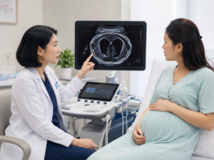 Bác sĩ tư vấn cho mẹ bầu về giãn não thất thai nhi qua hình ảnh siêu âm não thai trong phòng khám sản khoa