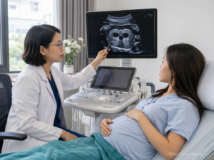 Bác sĩ tư vấn cho mẹ bầu về tắc tá tràng bẩm sinh qua hình ảnh siêu âm thai trong phòng khám sản khoa