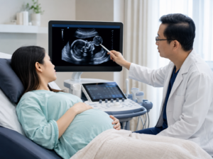 Bác sĩ tư vấn cho mẹ bầu về thoát vị não thai nhi qua hình ảnh siêu âm trong phòng khám y học bào thai