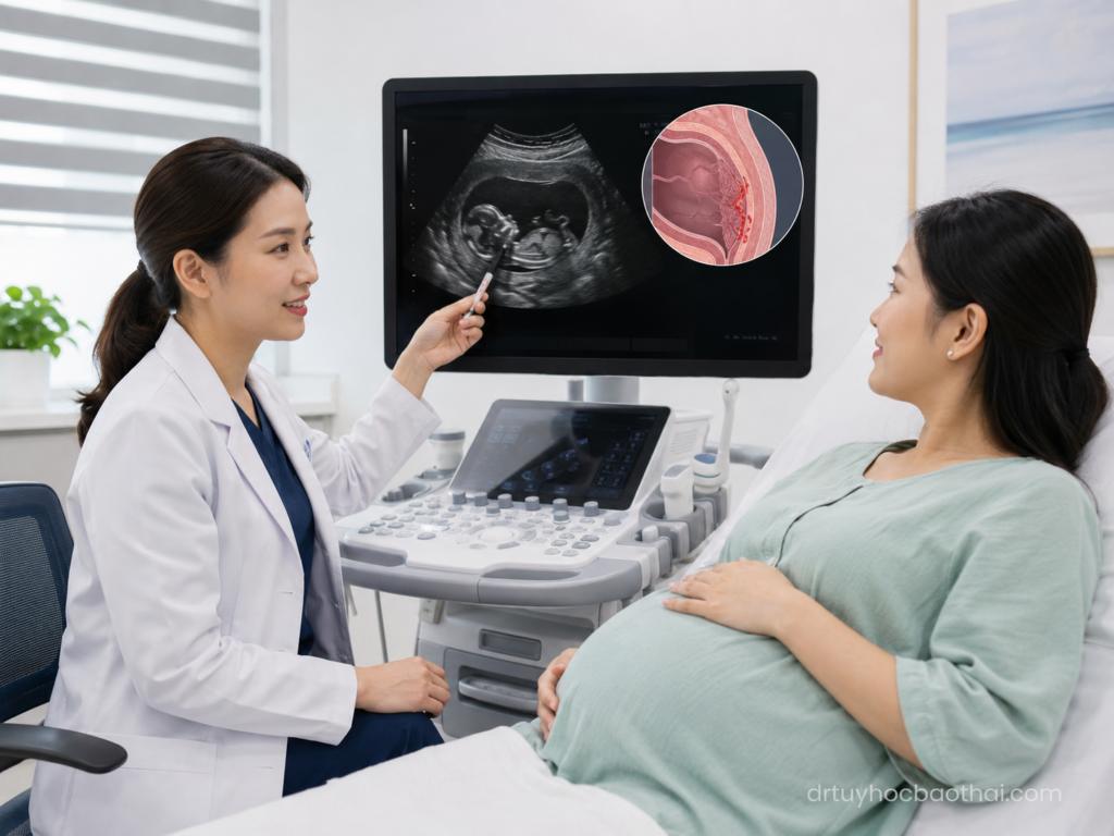 Bác sĩ tư vấn cho thai phụ về hình ảnh siêu âm nghi rau cài răng lược trong phòng khám sản khoa