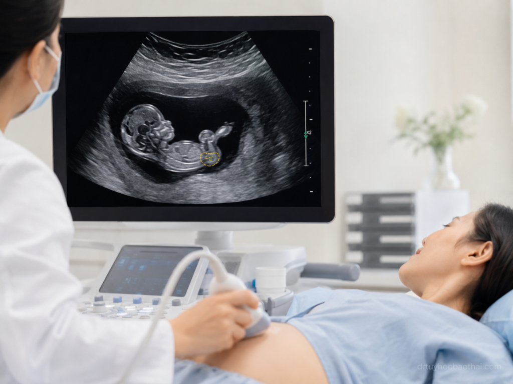 Bác sĩ siêu âm thai và tư vấn cho thai phụ về thoát vị rốn ở thai nhi 10 tuần
