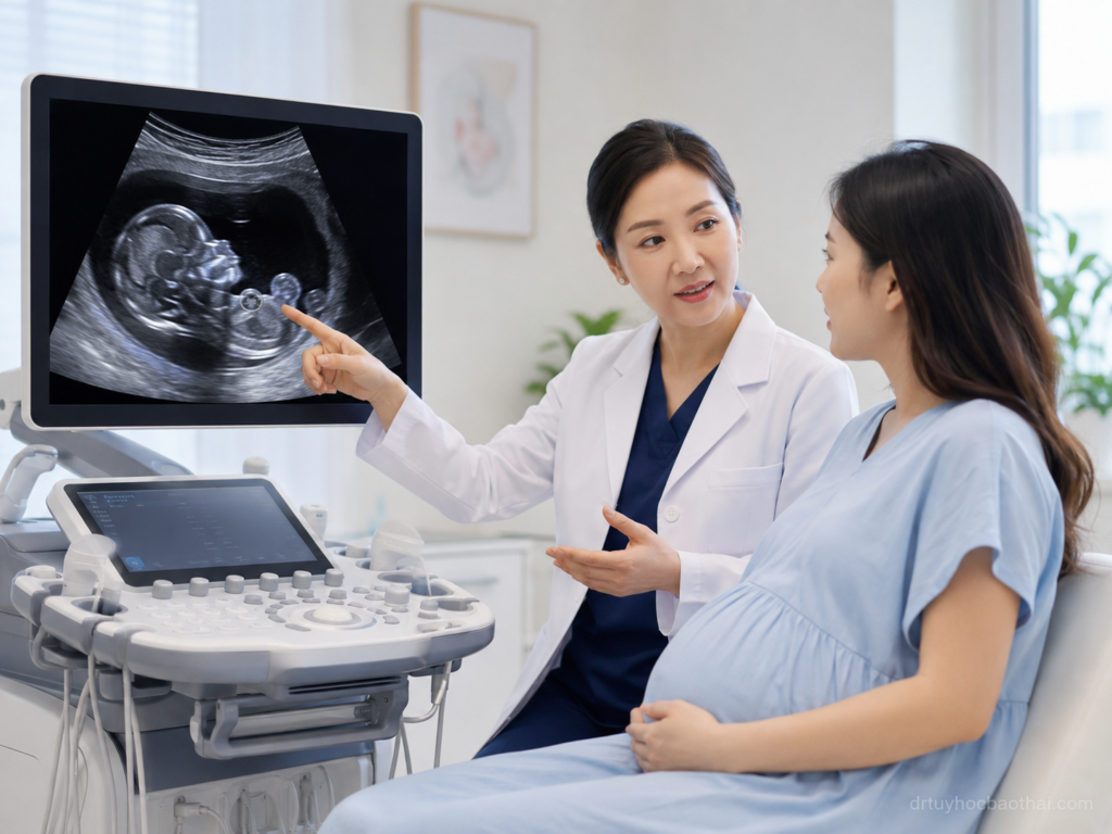 Bác sĩ tư vấn cho thai phụ về hình ảnh siêu âm thoát vị rốn ở thai nhi 11 tuần trong phòng khám sản khoa