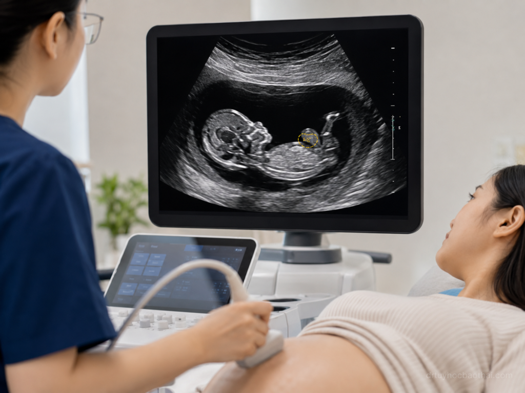 Bác sĩ siêu âm thai và đánh giá vùng thành bụng thai nhi, minh họa chủ đề thoát vị rốn ở thai nhi