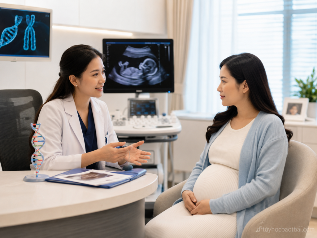 Bác sĩ tư vấn cho mẹ bầu về hội chứng Jacobs và xét nghiệm di truyền trước sinh trong phòng khám sản khoa