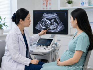 Bác sĩ tư vấn cho mẹ bầu về khe hở thành bụng thai nhi qua hình ảnh siêu âm trong phòng khám sản khoa