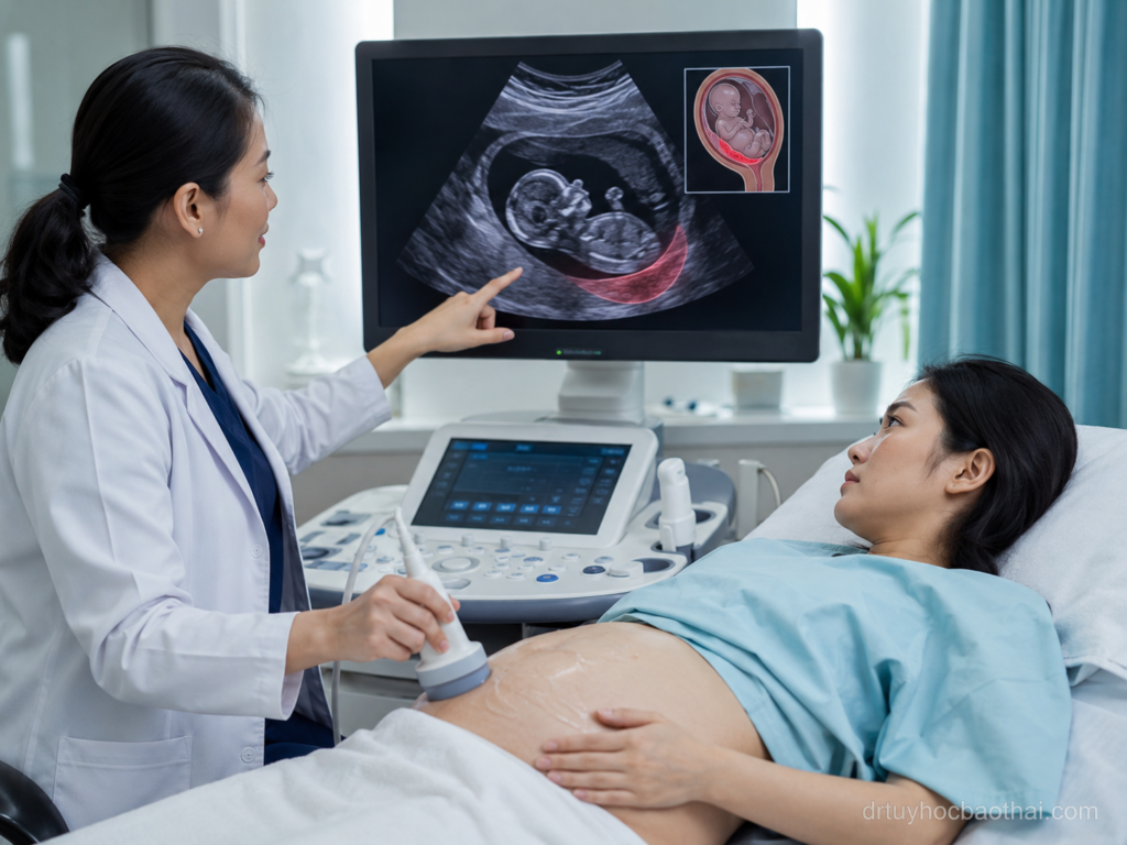 Bác sĩ siêu âm thai và tư vấn cho mẹ bầu về rau bám thấp trên màn hình siêu âm trong phòng khám sản khoa