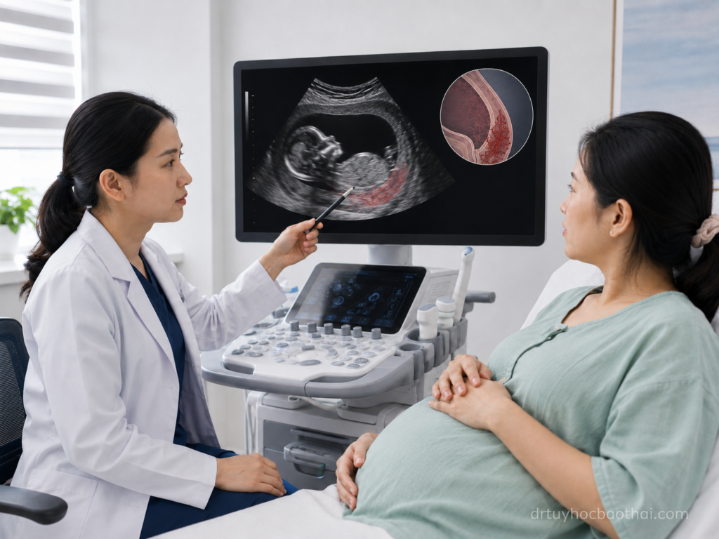 Bác sĩ tư vấn cho thai phụ về rau cài răng lược trên hình ảnh siêu âm trong phòng khám sản khoa