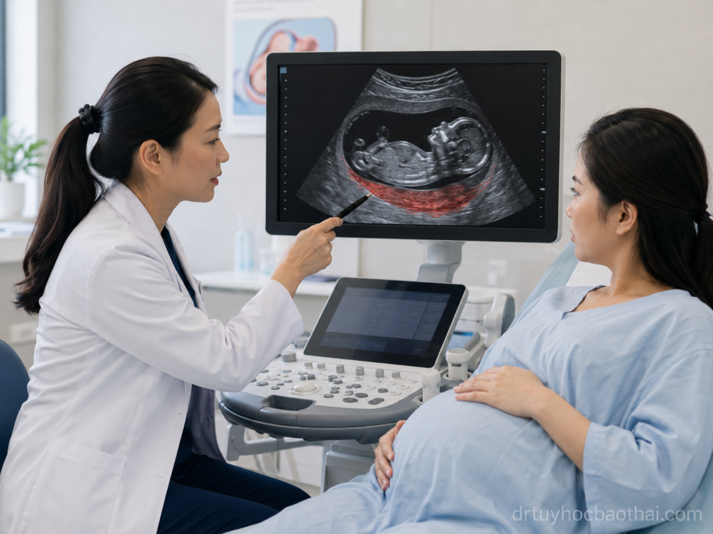Bác sĩ tư vấn cho thai phụ về rau tiền đạo trên hình ảnh siêu âm trong phòng khám sản khoa