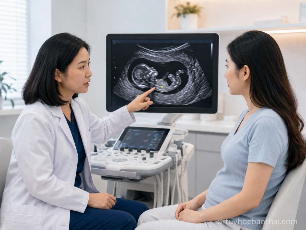 Bác sĩ tư vấn cho mẹ bầu về thoát vị rốn sinh lý thai nhi qua hình ảnh siêu âm trong phòng khám sản khoa
