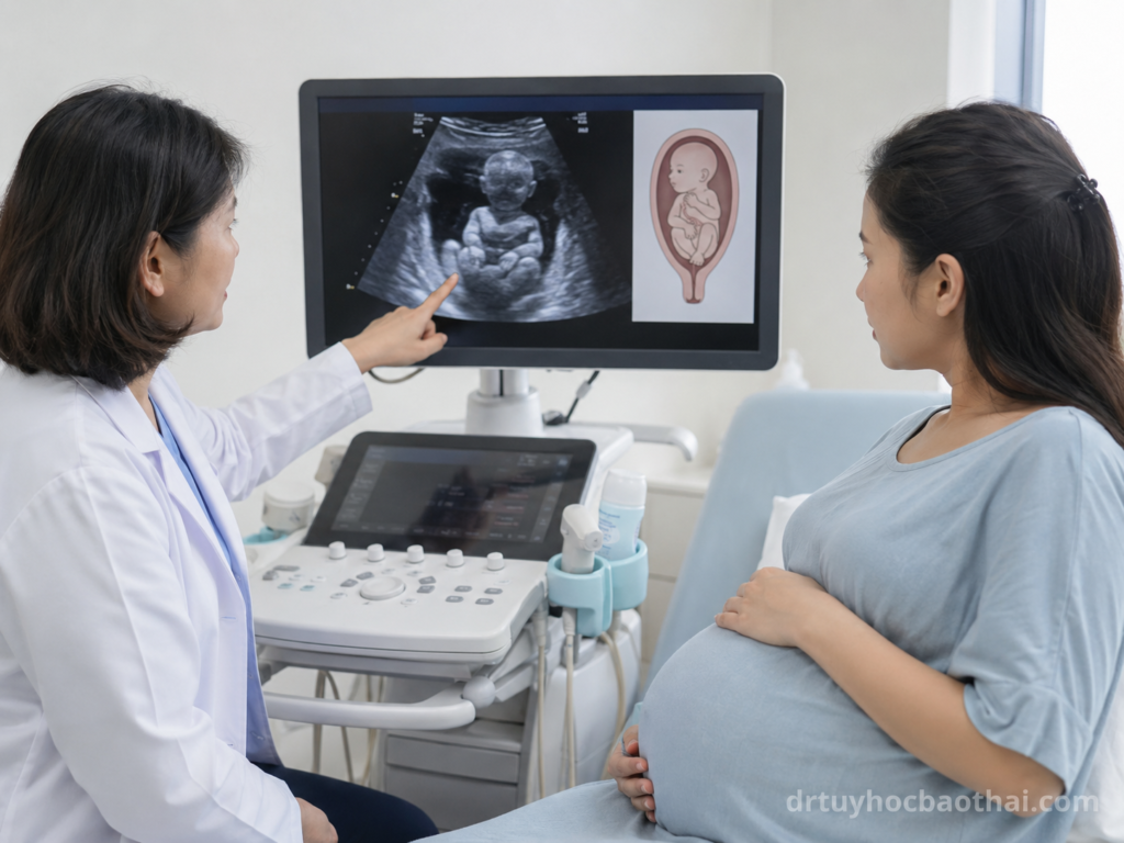 Bác sĩ tư vấn cho thai phụ về ngôi thai ngược dựa trên hình ảnh siêu âm và minh họa tư thế thai nhi