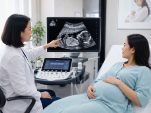 Bác sĩ tư vấn cho thai phụ về hình ảnh siêu âm bánh rau, minh họa tình trạng canxi hóa bánh rau trong thai kỳ