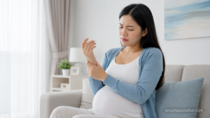 Mẹ bầu bị hội chứng ống cổ tay khi mang thai, xoa vùng cổ tay do tê bì và đau nhức bàn tay