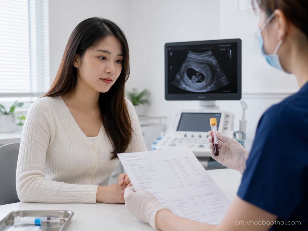 Bác sĩ tư vấn cho phụ nữ về chỉ số Beta hCG thai 5 tuần cùng hình ảnh siêu âm thai sớm trong phòng khám