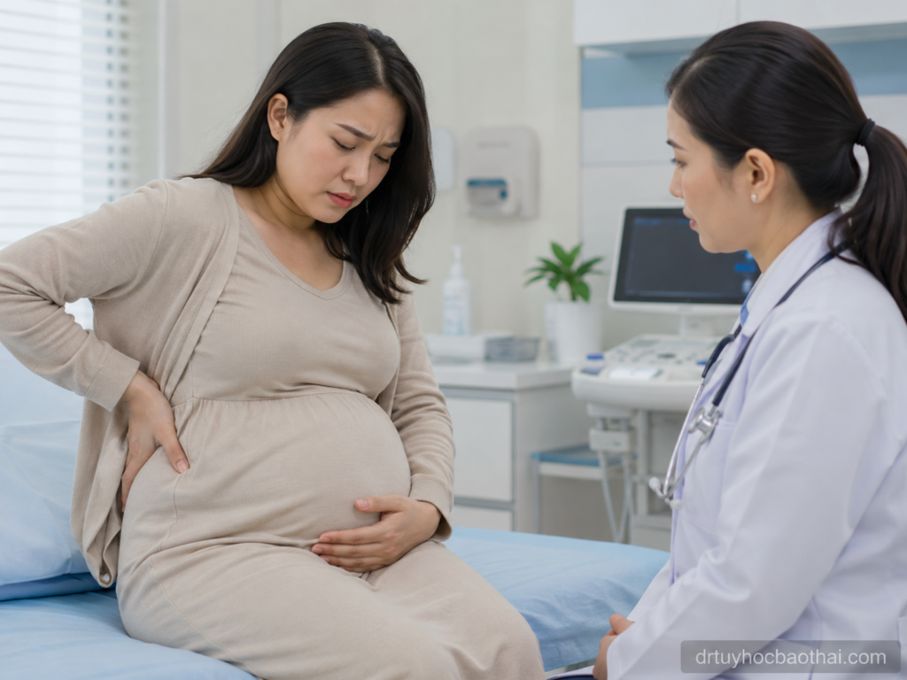 Bác sĩ thăm khám cho mẹ bầu bị đau bụng, nghi ngờ viêm ruột thừa khi mang thai trong phòng khám sản khoa