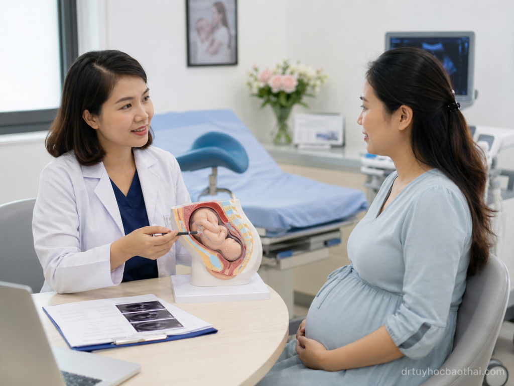Bác sĩ tư vấn cho mẹ bầu về rạch tầng sinh môn bằng mô hình sản khoa trong phòng khám