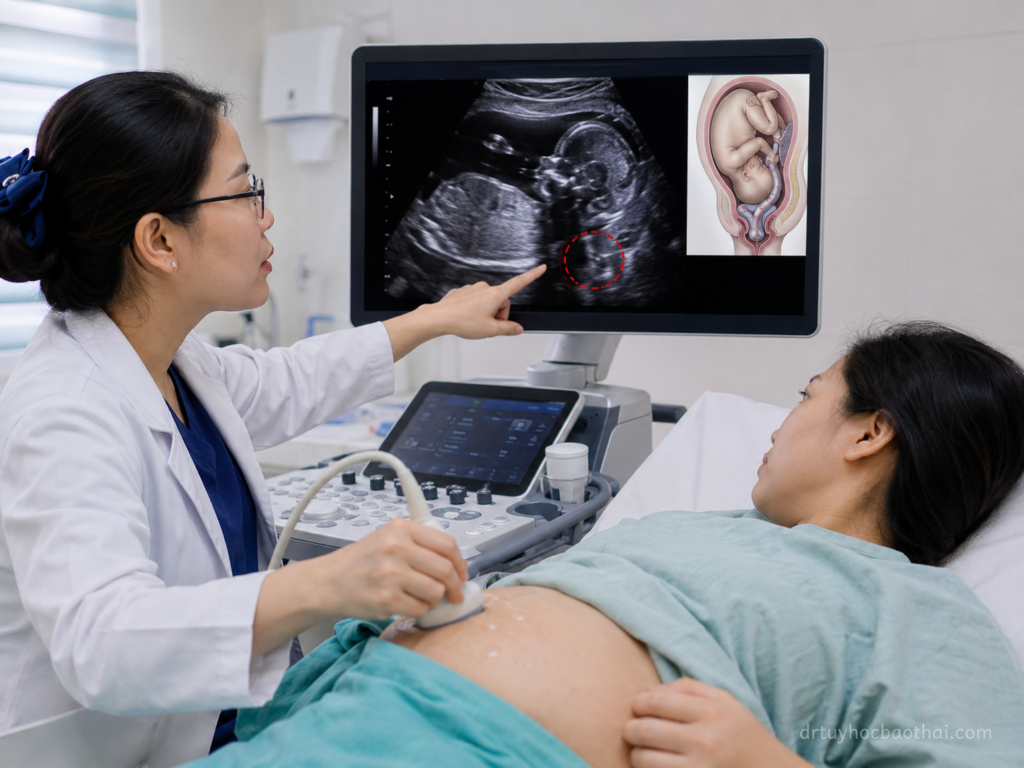 Bác sĩ siêu âm thai và tư vấn cho thai phụ về sa dây rốn trên màn hình siêu âm trong phòng khám sản khoa