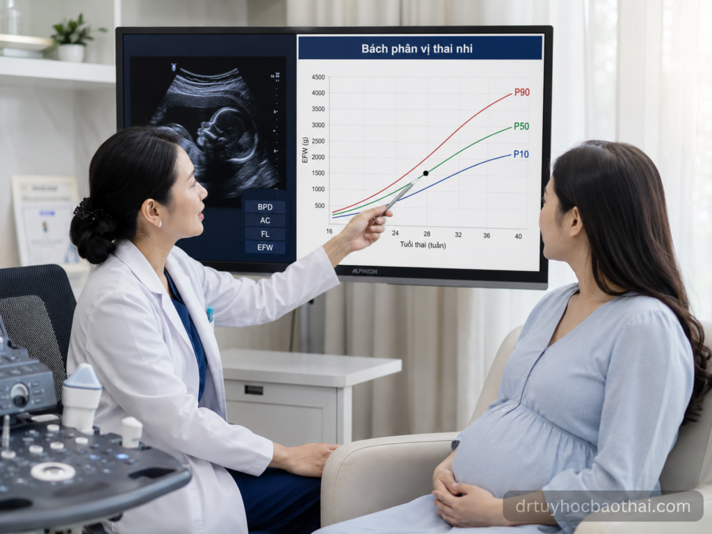 Bác sĩ giải thích biểu đồ bách phân vị thai nhi cho mẹ bầu dựa trên tuổi thai, cân nặng ước tính và các chỉ số siêu âm