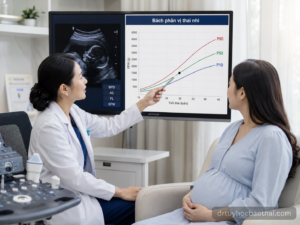 Bác sĩ giải thích biểu đồ bách phân vị thai nhi cho mẹ bầu dựa trên tuổi thai, cân nặng ước tính và các chỉ số siêu âm