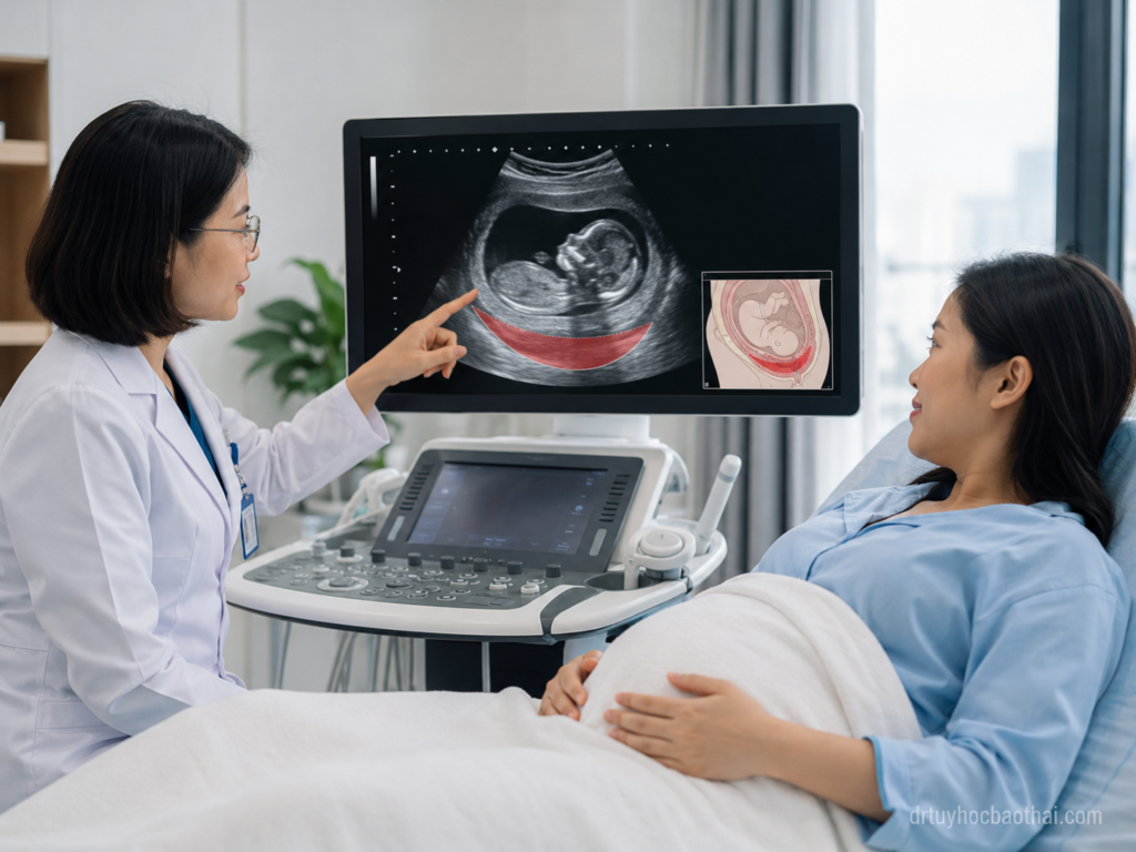 Bác sĩ tư vấn cho thai phụ về Nhau tiền đạo bám thấp trên hình ảnh siêu âm trong phòng khám sản khoa