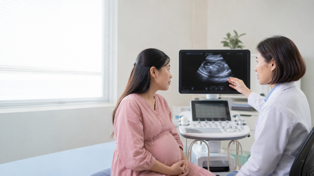 Bác sĩ sản khoa tư vấn kế hoạch mổ lấy thai cho thai phụ có nhau tiền đạo dựa trên siêu âm cuối thai kỳ