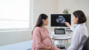 Bác sĩ sản khoa tư vấn kế hoạch mổ lấy thai cho thai phụ có nhau tiền đạo dựa trên siêu âm cuối thai kỳ