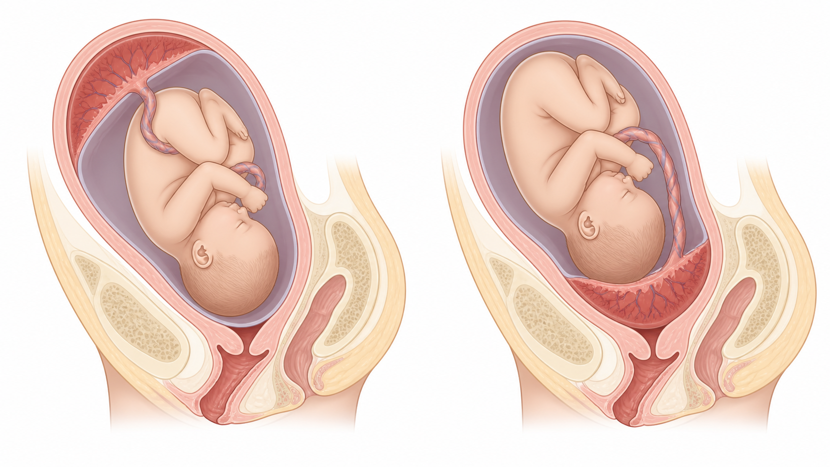 Minh họa vị trí bánh nhau bình thường và nhau tiền đạo che lấp lỗ trong cổ tử cung