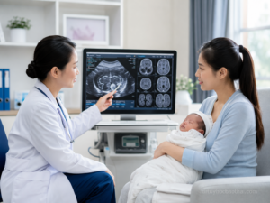 Bác sĩ tư vấn cho mẹ về các bất thường về não ở trẻ sơ sinh qua hình ảnh siêu âm và cộng hưởng từ não