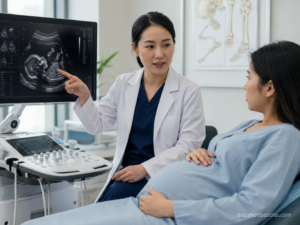 Bác sĩ tư vấn cho mẹ bầu về chứng loạn sản xương qua hình ảnh siêu âm thai trong phòng khám y học bào thai
