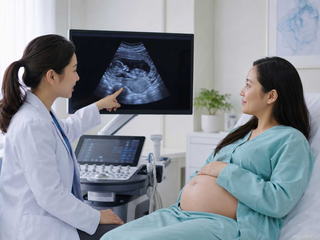 Bác sĩ tư vấn cho mẹ bầu về nhau tiền đạo bán trung tâm qua hình ảnh siêu âm trong phòng khám sản khoa