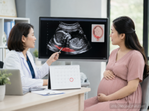 Bác sĩ tư vấn cho thai phụ về nhau tiền đạo bao nhiêu tuần là mổ dựa trên siêu âm và kế hoạch theo dõi cuối thai kỳ