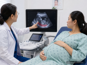Bác sĩ tư vấn cho thai phụ về nhau tiền đạo có sinh thường được không dựa trên hình ảnh siêu âm bánh nhau