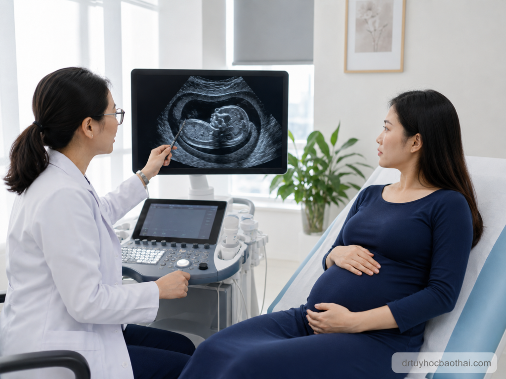 Bác sĩ tư vấn cho thai phụ về hình ảnh siêu âm, minh họa chủ đề Phù thai là gì trong thai kỳ
