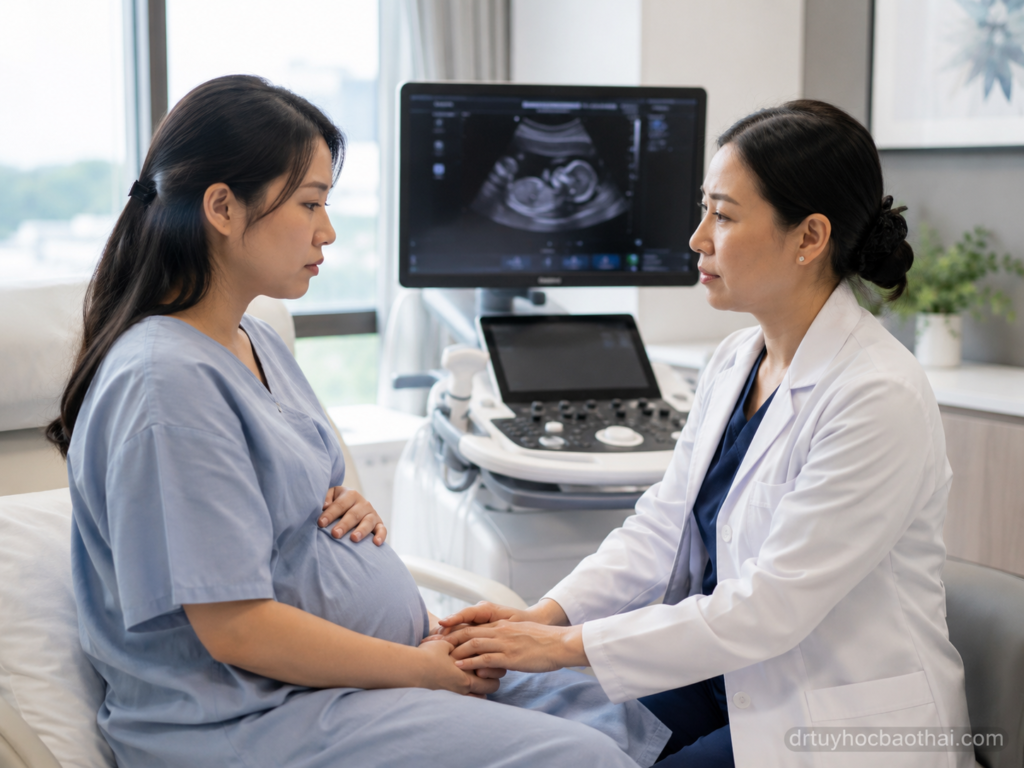 Bác sĩ tư vấn cho thai phụ về thai lưu trong phòng khám sản khoa với hình ảnh siêu âm thai ở phía sau