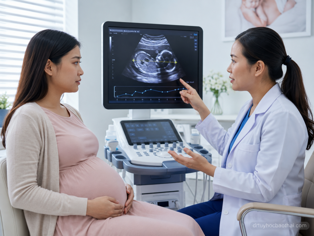 Bác sĩ tư vấn cho mẹ bầu về thai nhi nhẹ cân qua siêu âm và biểu đồ tăng trưởng thai