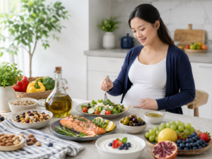 Mẹ bầu dùng bữa với cá hồi, rau xanh, dầu ô liu, trái cây và các thực phẩm lành mạnh theo CHẾ ĐỘ ĂN ĐỊA TRUNG HẢI