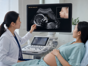 Bác sĩ tư vấn cho thai phụ về bất sản xương mũi trên hình ảnh siêu âm thai trong phòng khám y học bào thai