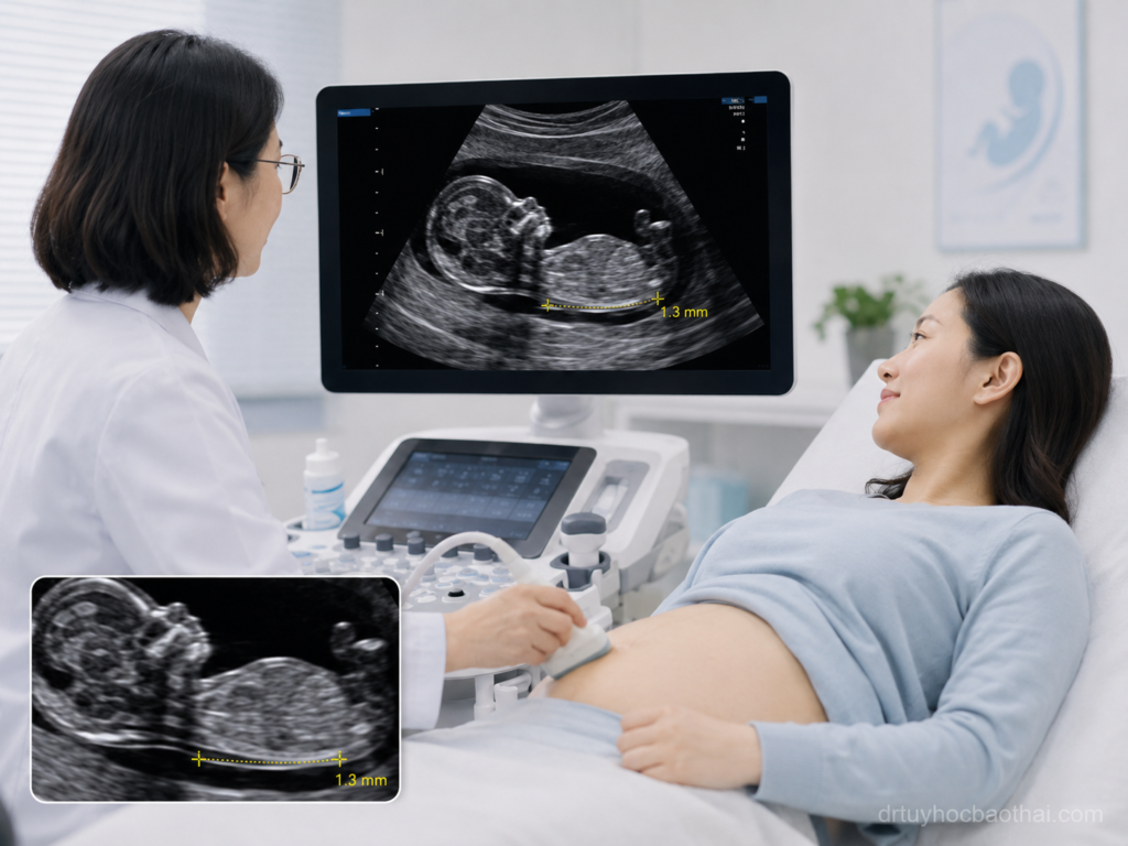 Bác sĩ siêu âm thai và tư vấn cho thai phụ về Độ mờ da gáy 1.3mm trong giai đoạn sàng lọc quý 1