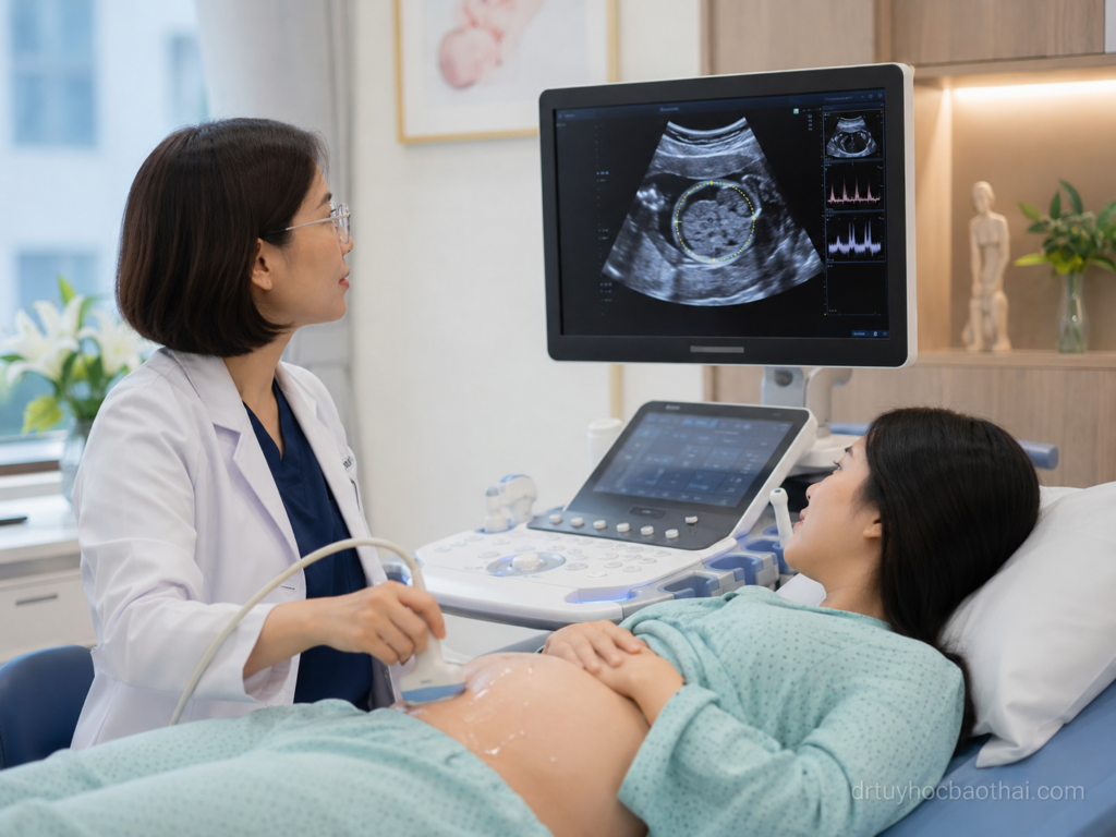 Bác sĩ siêu âm đánh giá thai chậm tăng trưởng bằng sinh trắc học và Doppler
