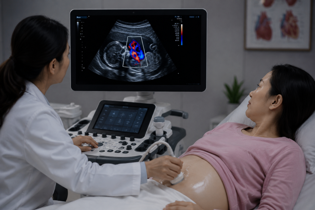 Bác sĩ siêu âm tim thai và đánh giá Doppler màu, minh họa chủ đề Thai nhi bị hở van 3 lá nhẹ