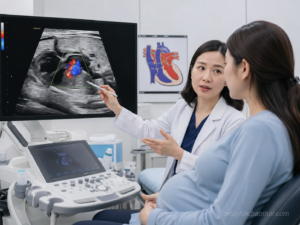 Bác sĩ tư vấn cho mẹ bầu về đảo gốc động mạch qua siêu âm Doppler tim thai trong phòng khám sản khoa